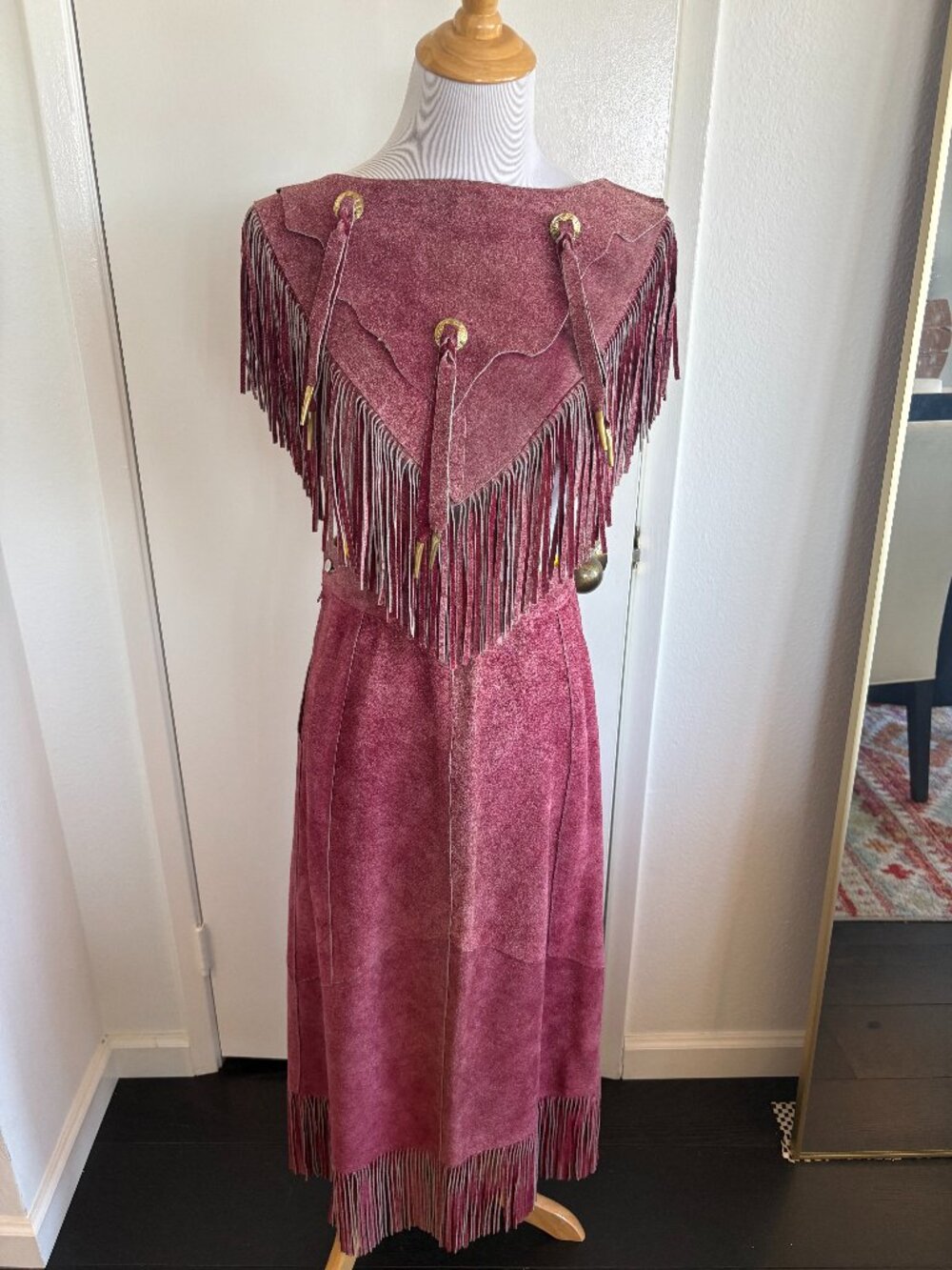 Vintage Pioneer Wear Raspberry Suede Leather Fringe Skirt & Cape Set